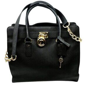 MICHAEL KORS~Hamilton~2-WAY~LARGE BLACK LEATHER~GOLD LOCK & KEY~SATCHEL TOTE BAG